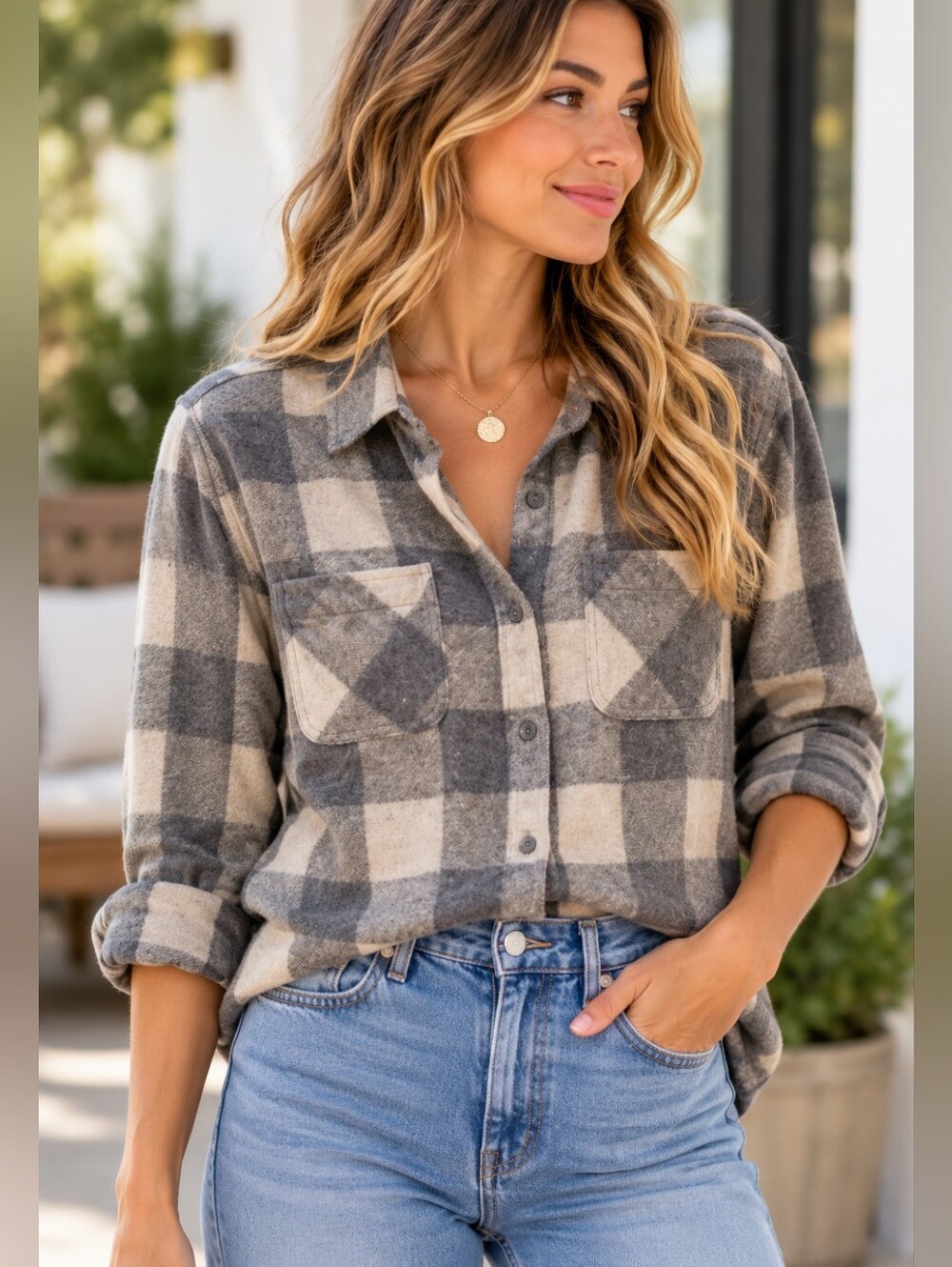 beachlunchlounge Gray and Cream Plaid Button-Down Shirt